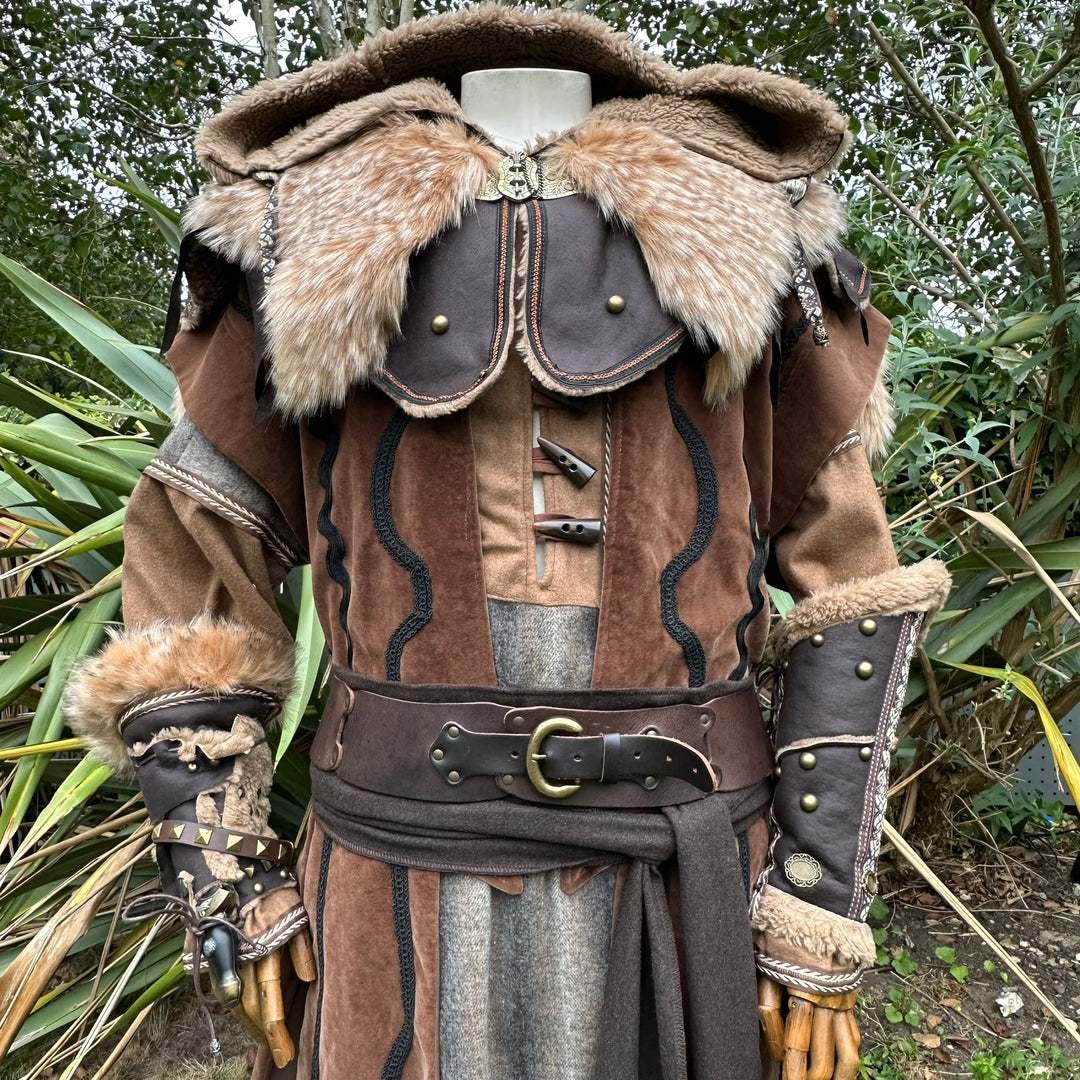 Waist-up view of brown LARP outfit with ornate hood and sash.