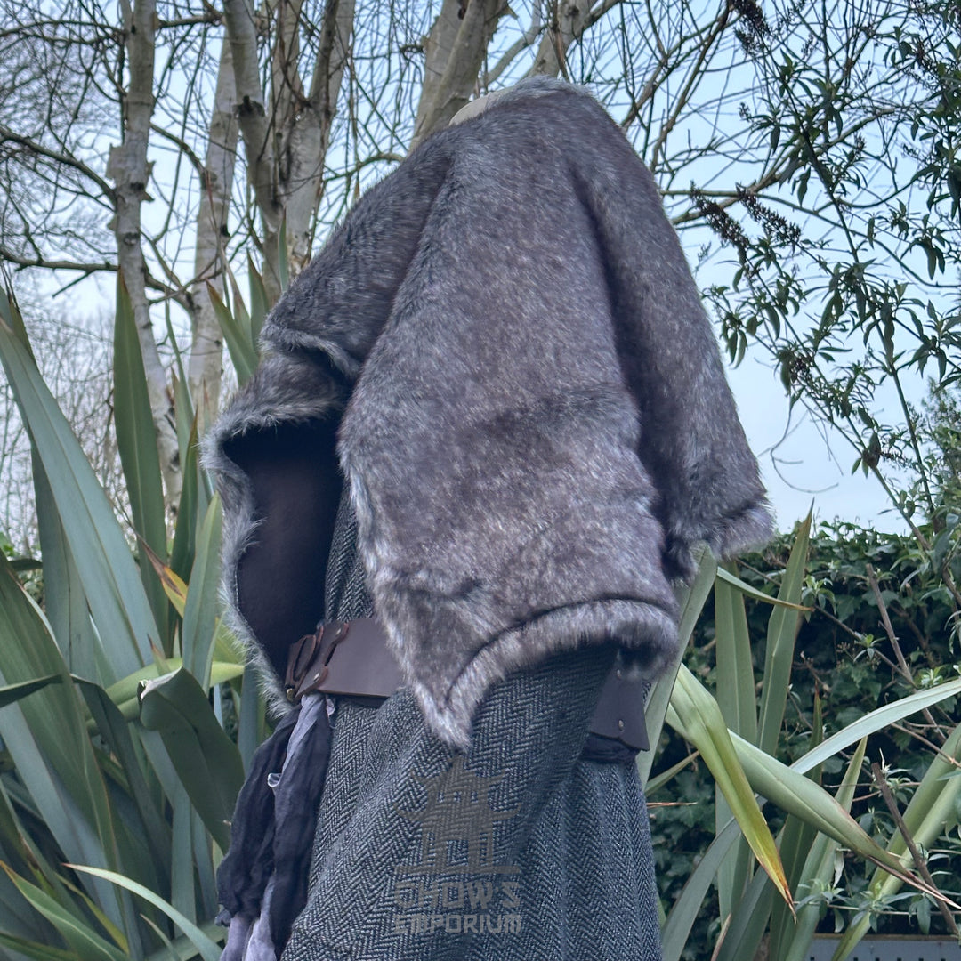 Grey fur shoulder cape mantle for medieval LARP, side view.