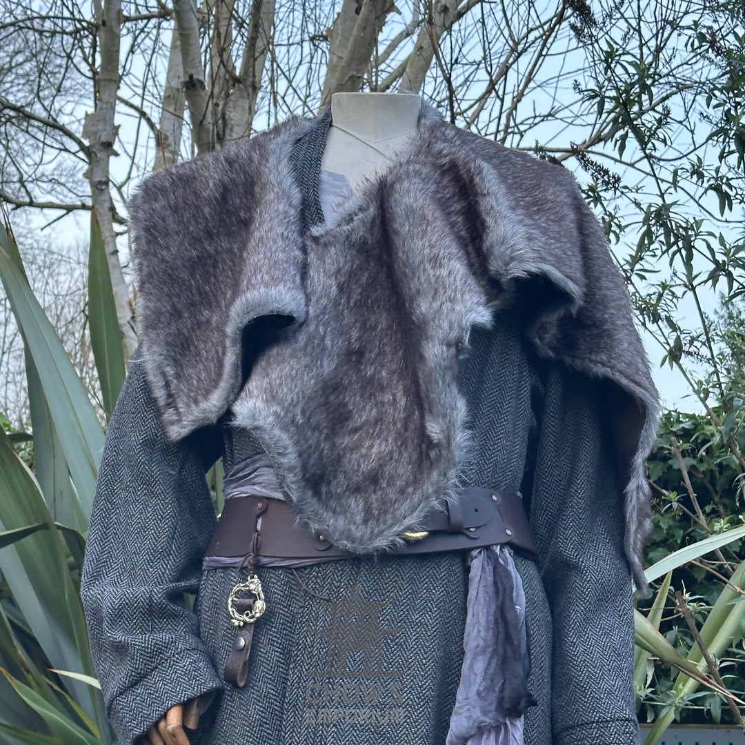 Grey fur shoulder cape for LARP, draped over medieval-style outfit.