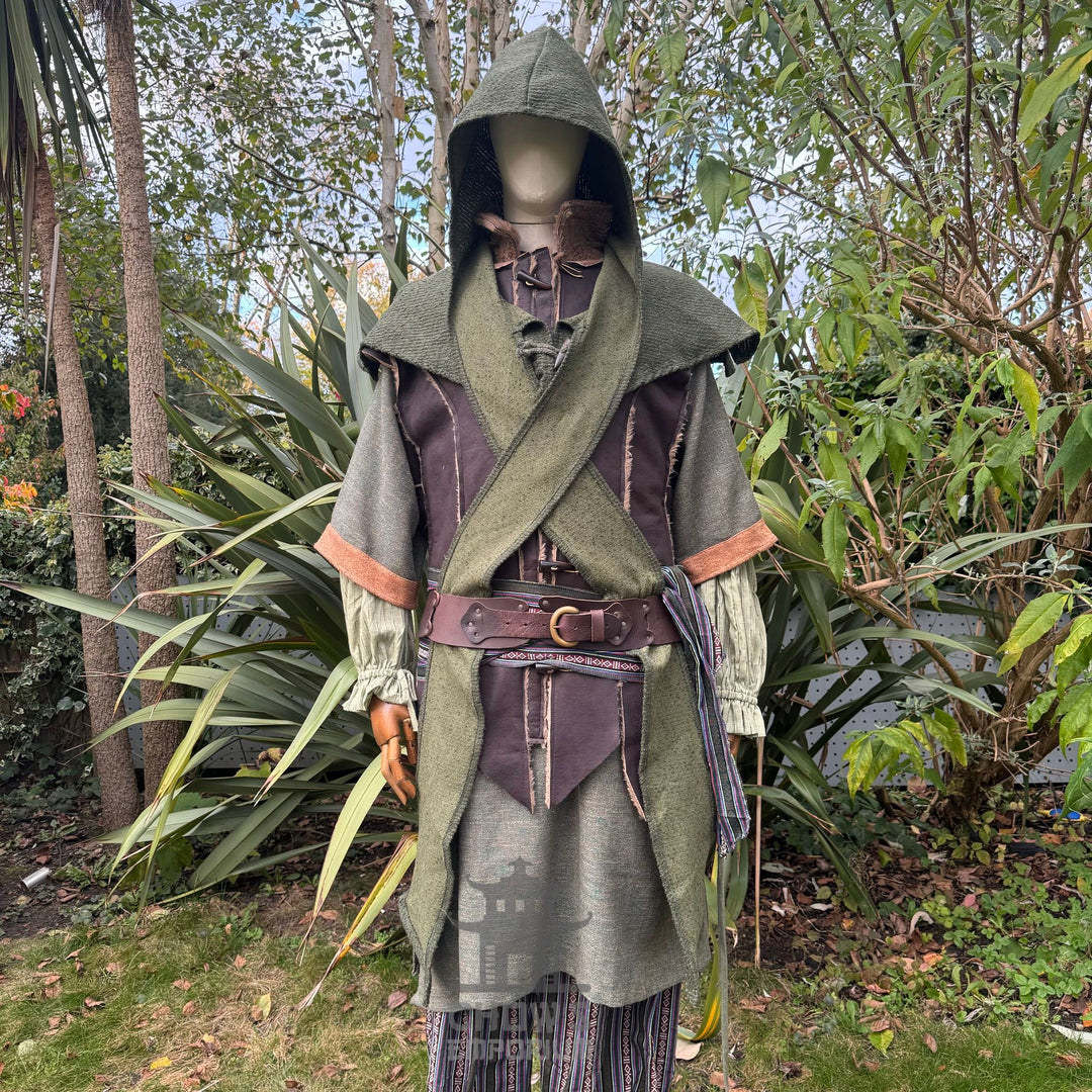 LARP forest ranger set with green hooded tunic, brown belt, and sash front view.