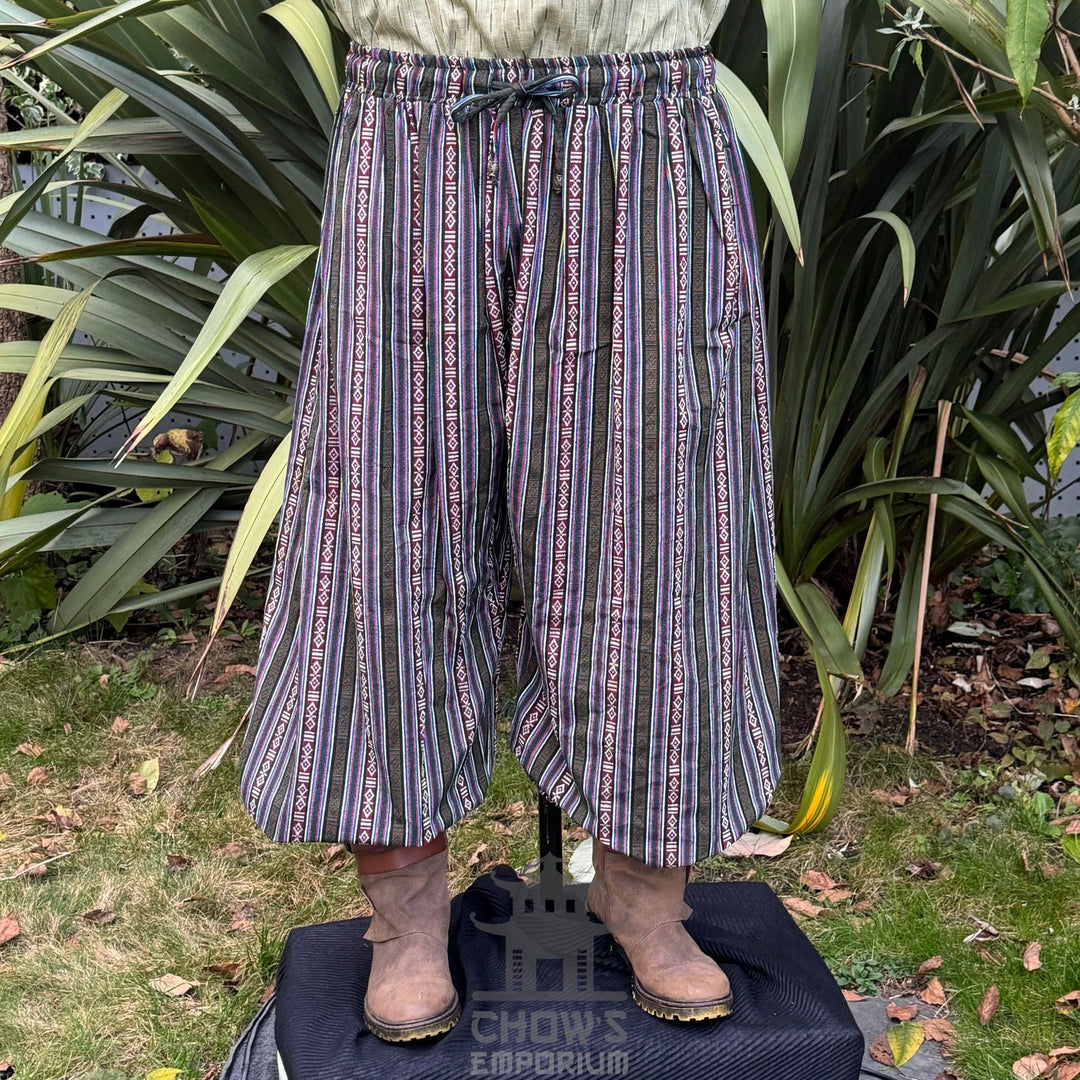 green multi stripe cotton medieval hero pants for LARP.