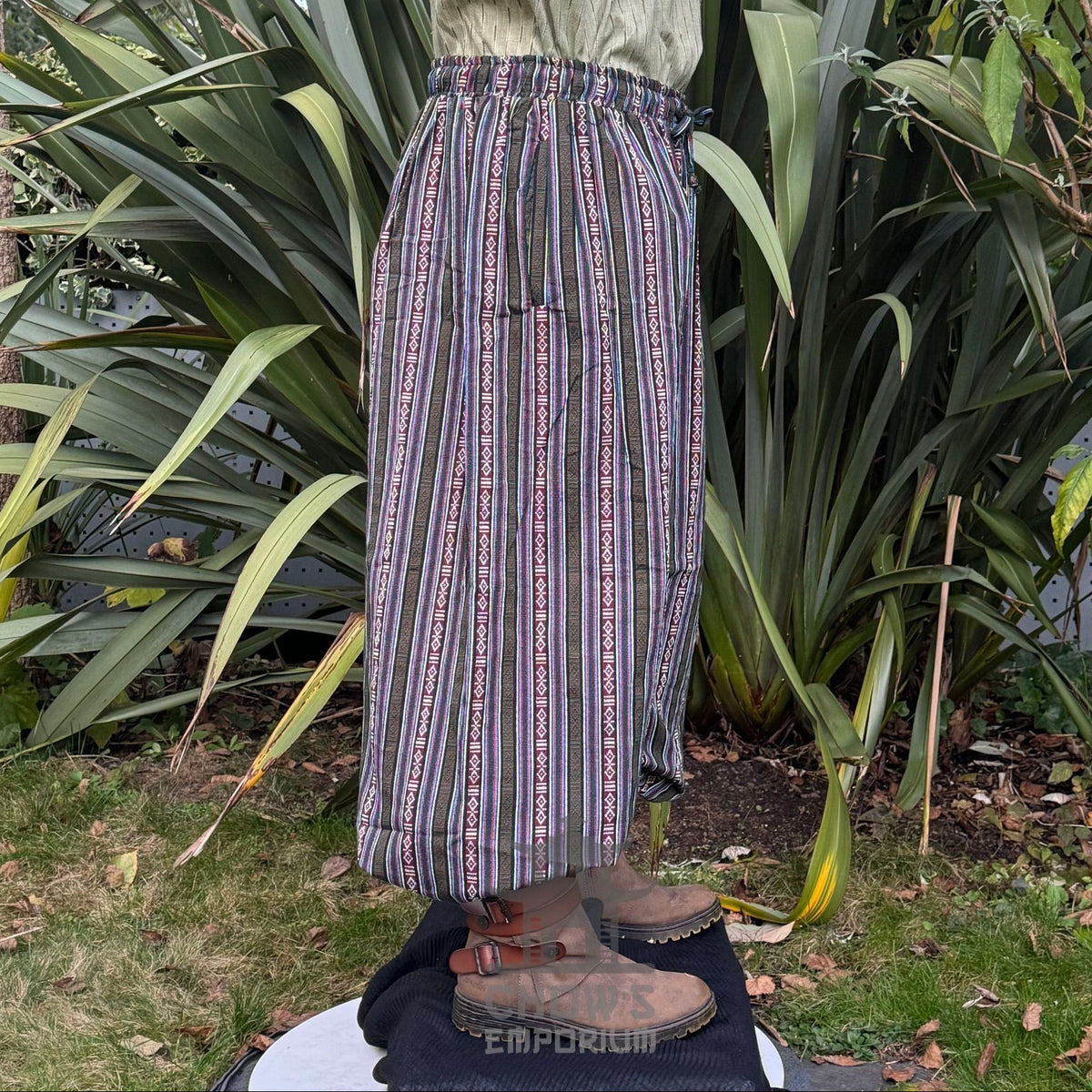 multi-colored cotton hero trousers in medieval style.