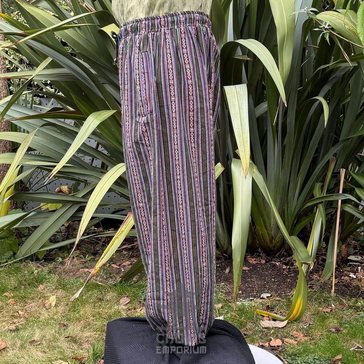 medieval hero trousers with multi cotton design.