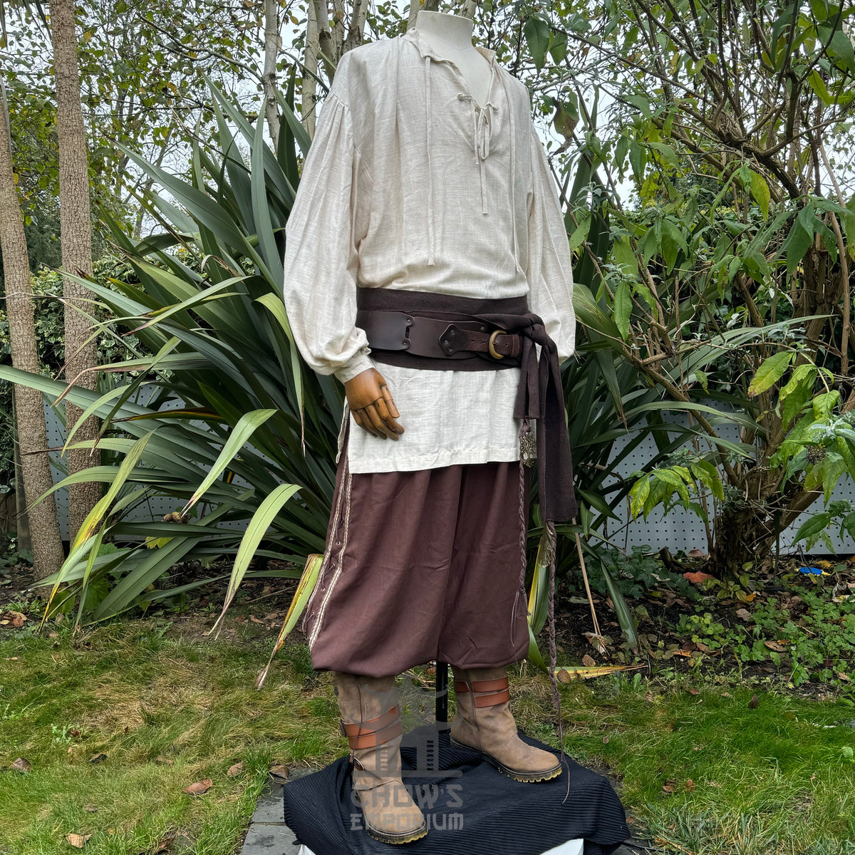 Natural cotton-linen medieval LARP shirt with long sleeves, front view.