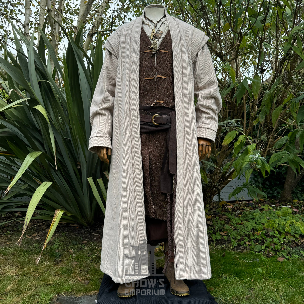Beige and brown LARP robe with belt, medieval fantasy cosplay costume.