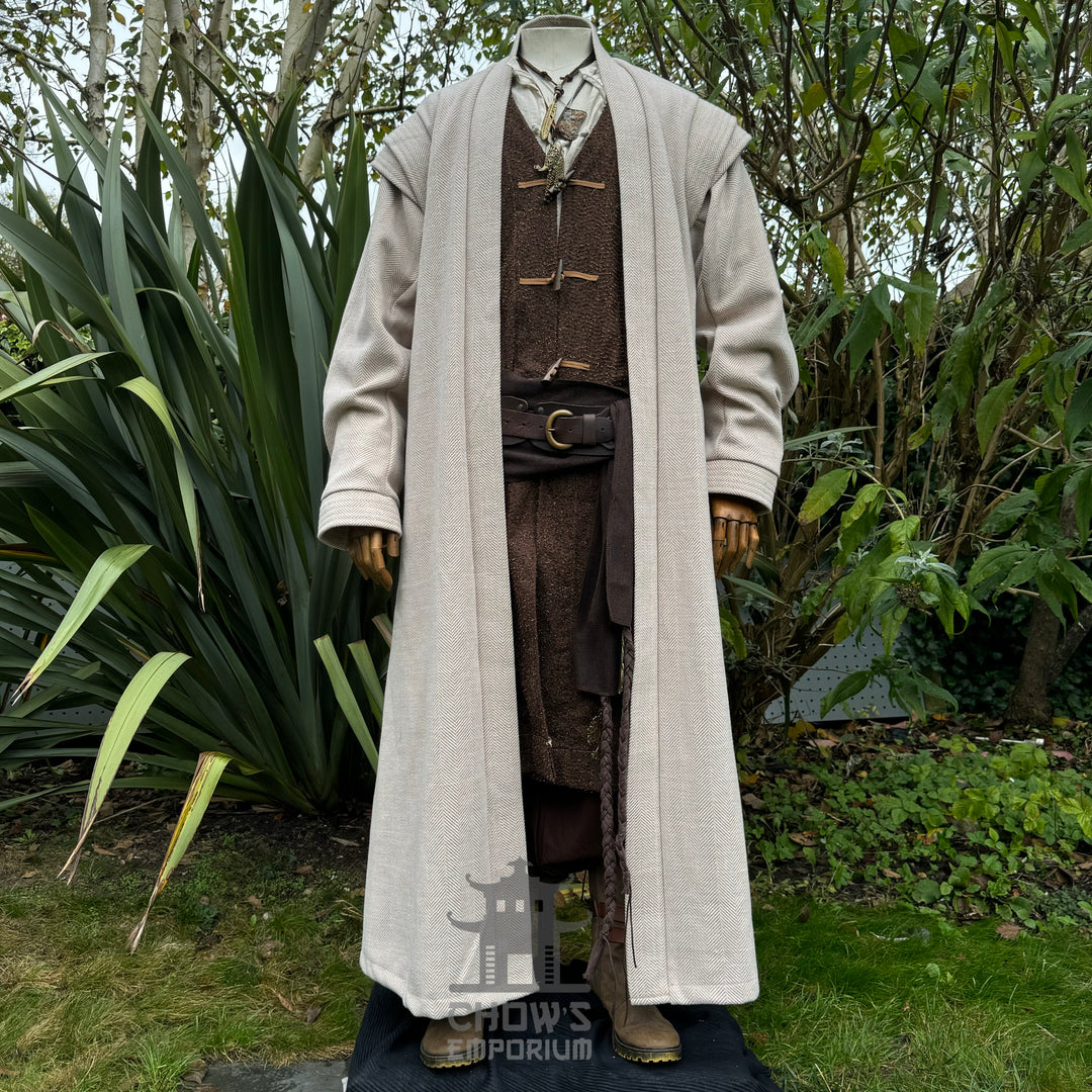 Beige and brown LARP robe with belt, medieval fantasy cosplay costume.