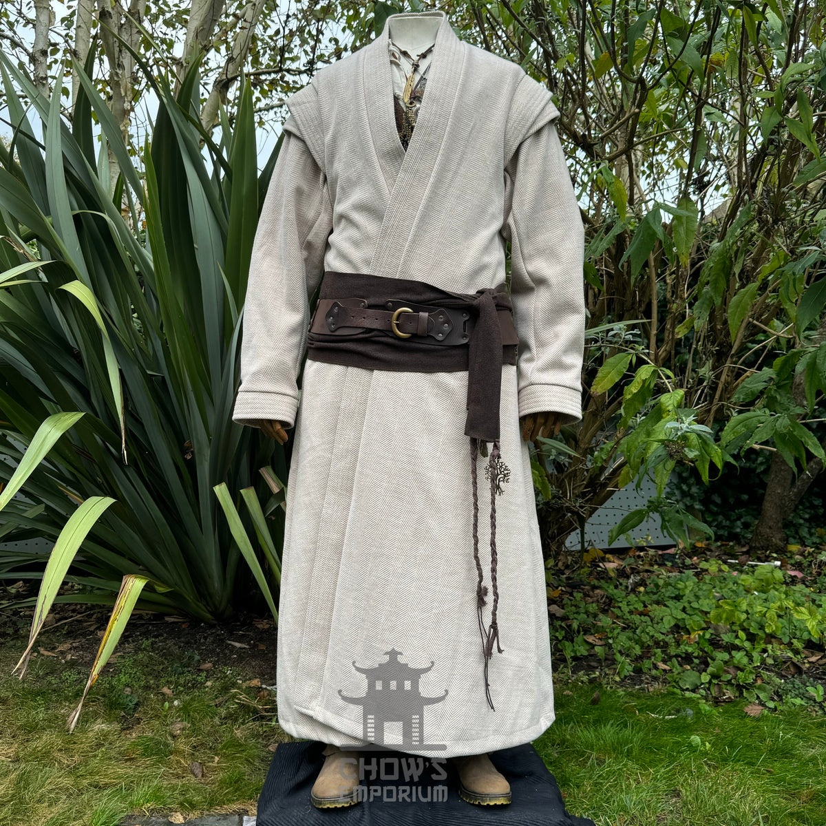 Closed front view of beige and brown LARP robe, authentic medieval fantasy cosplay costume for.