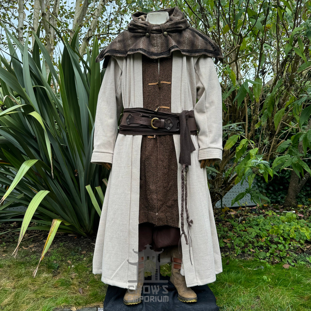 Medieval LARP wizard set with layered robe in garden setting, front view.