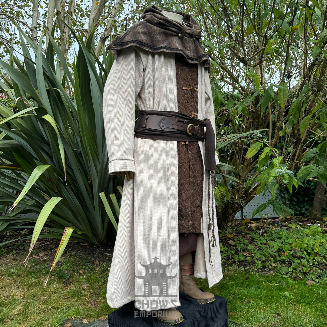 Medieval LARP wizard set side view with brown cowl, robe, and leather belt.