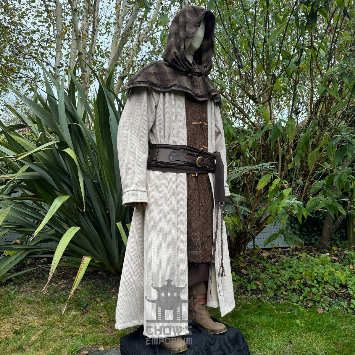 Woodland wizard LARP costume front view with brown robe and hood.
