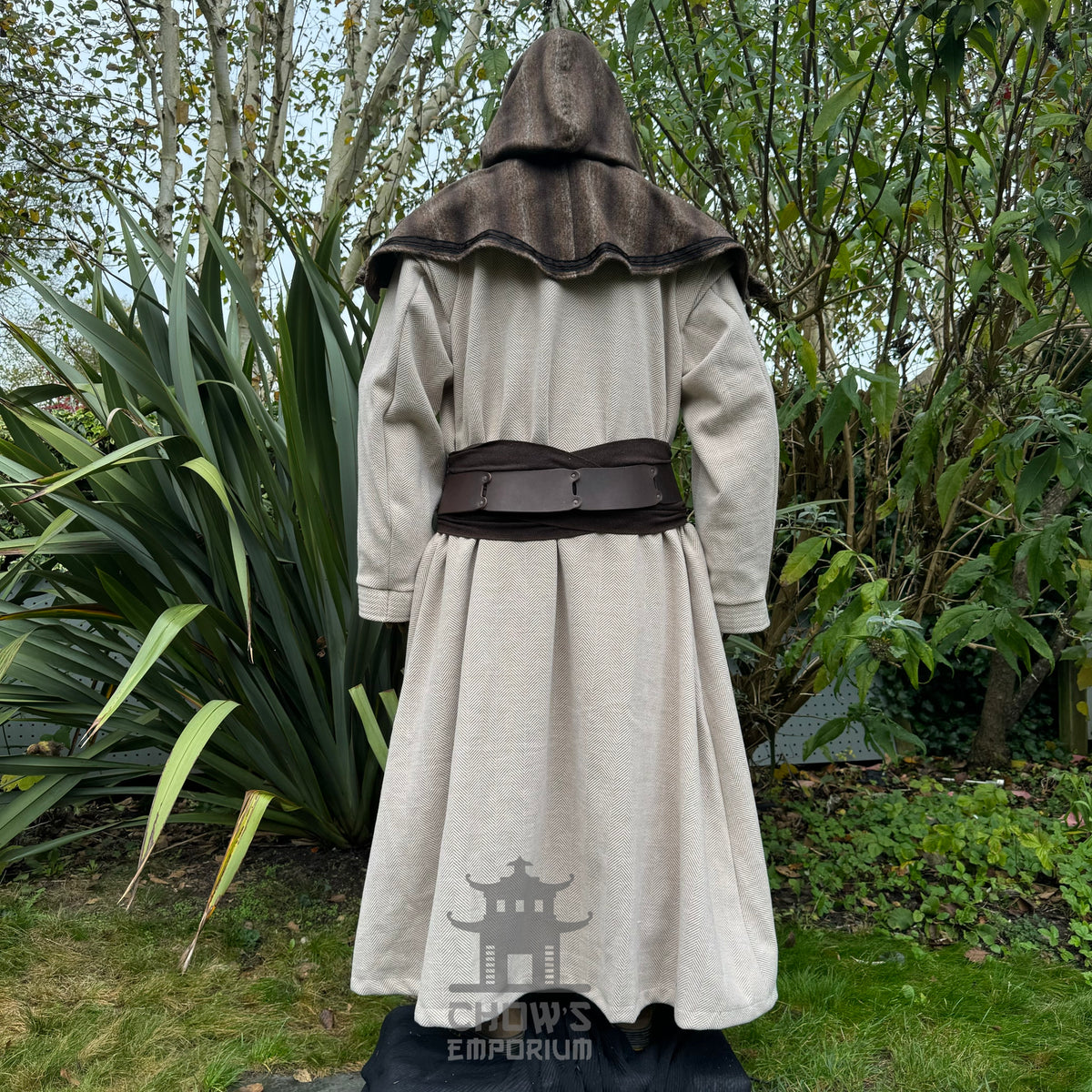 LARP medieval costume with back view of hooded robe and leather belt.
