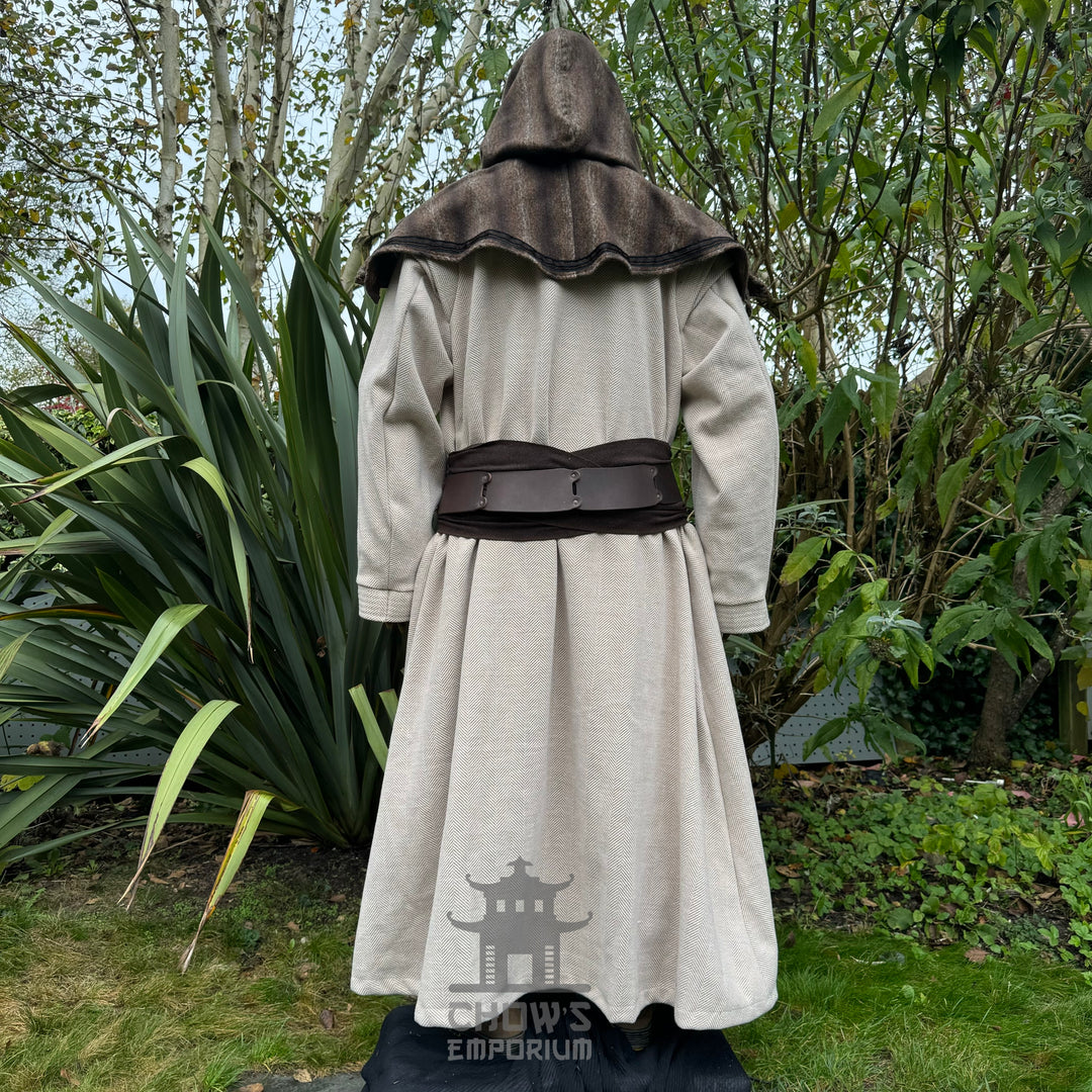LARP medieval costume with back view of hooded robe and leather belt.