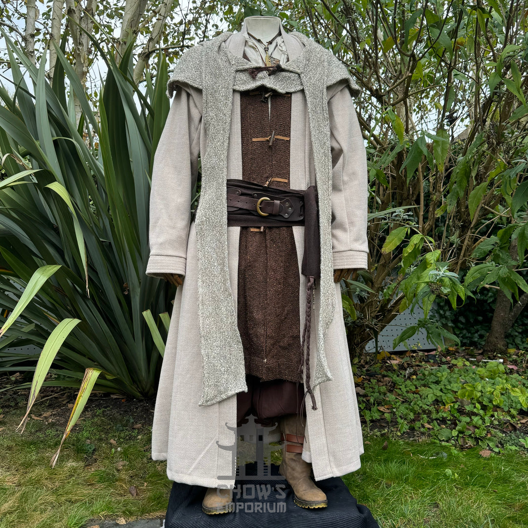 LARP medieval oatmeal wool scarf hood on full costume.