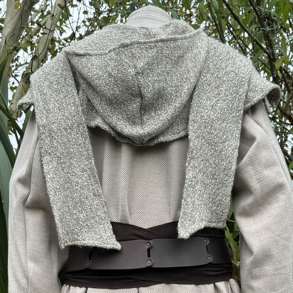 Grey oatmeal wool scarf hood for LARP, draped over a medieval robe.
