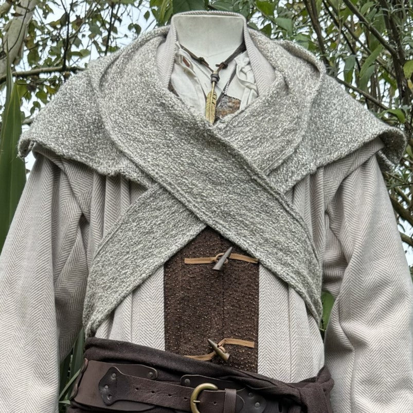 Oatmeal wool scarf hood in medieval style, shown from the front.