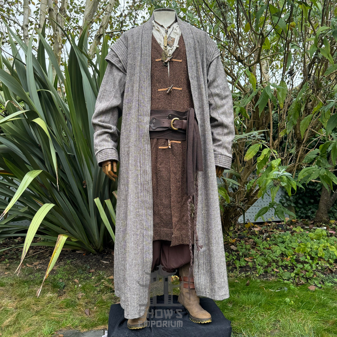 Grey and brown medieval LARP healer set with robe, tunic, trousers, and sash.