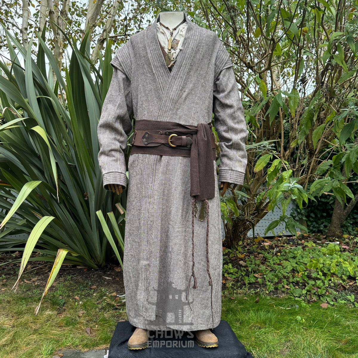 Closed front view of brown medieval LARP robe, full-length fantasy cosplay costume for knights.