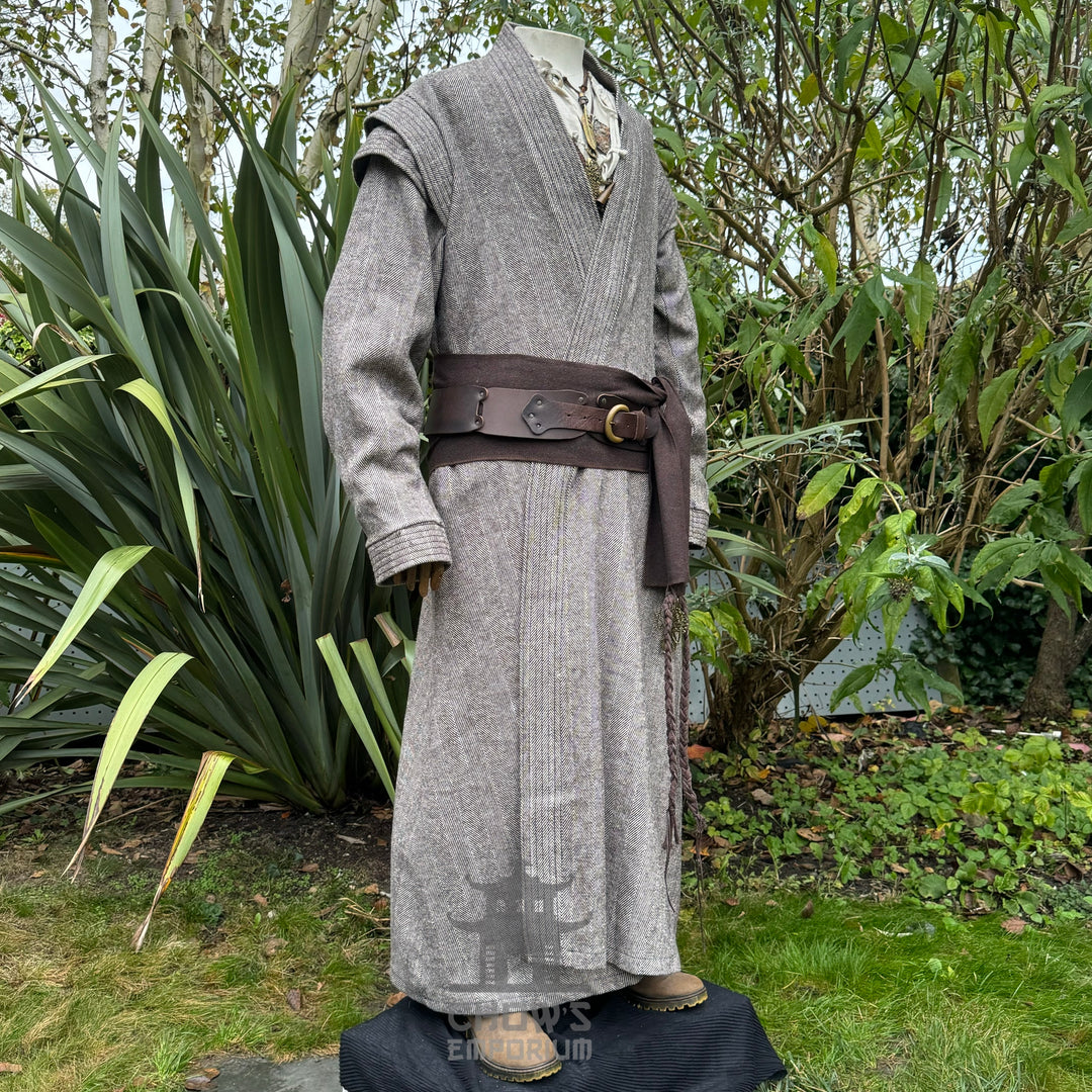 Side view of brown LARP robe with layered detailing, medieval fantasy cosplay attire for.