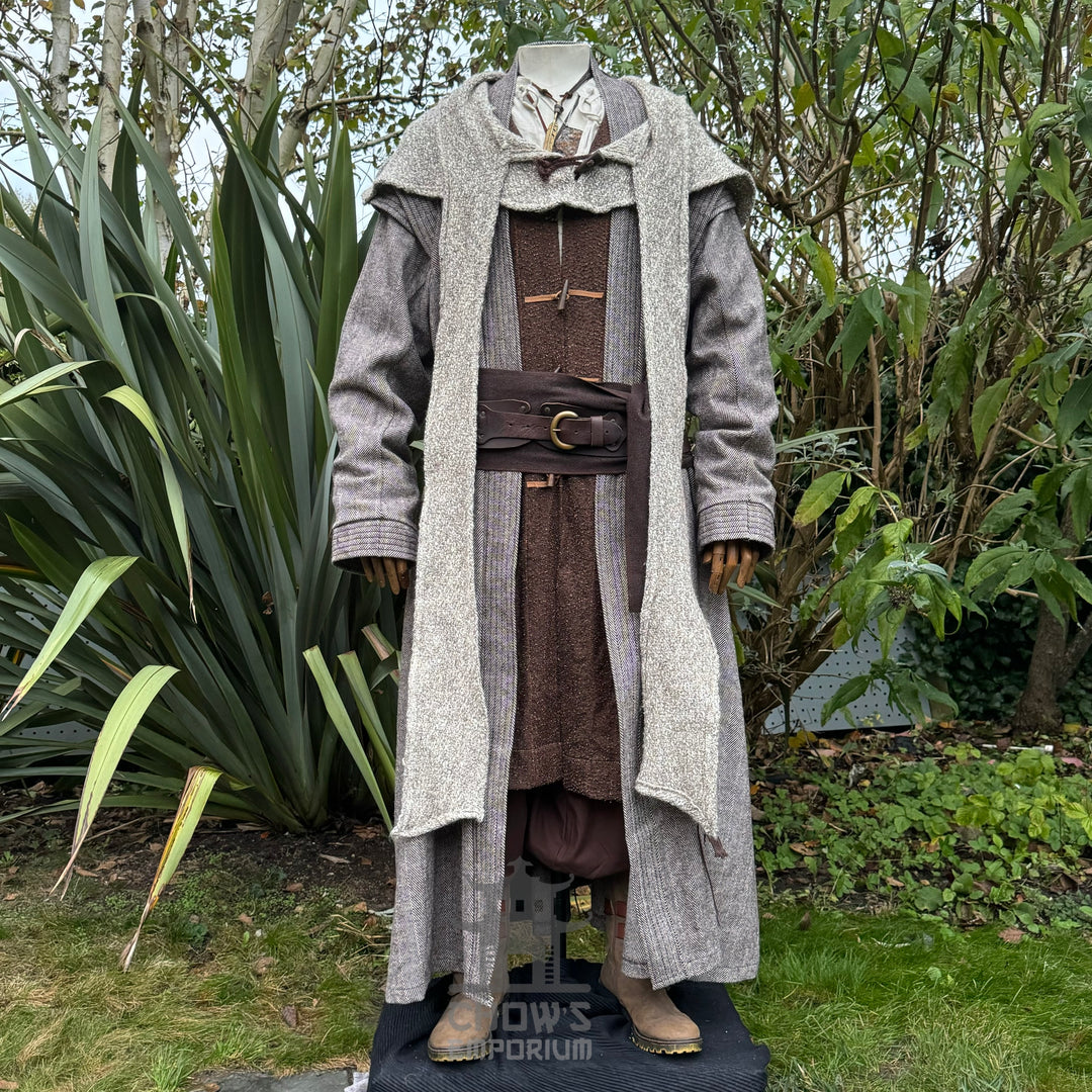 Medieval LARP healer set, full front, detailed robe and belted tunic.