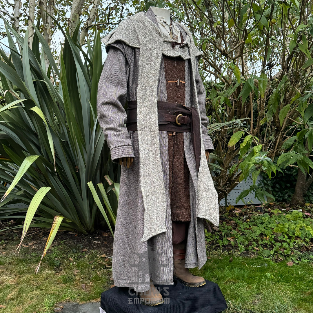 LARP healer costume on mannequin, side view with layered robes.