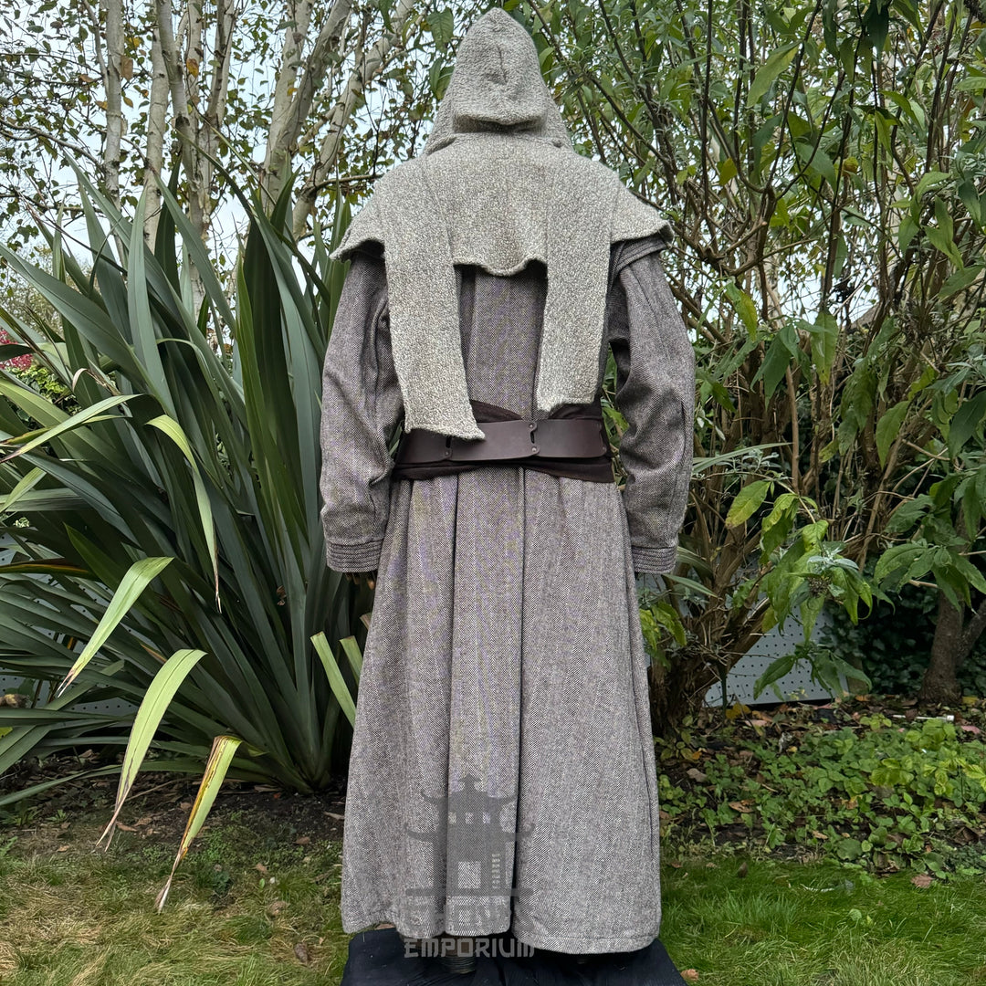 Rear view of medieval LARP robe with hood and textured shoulder detail.