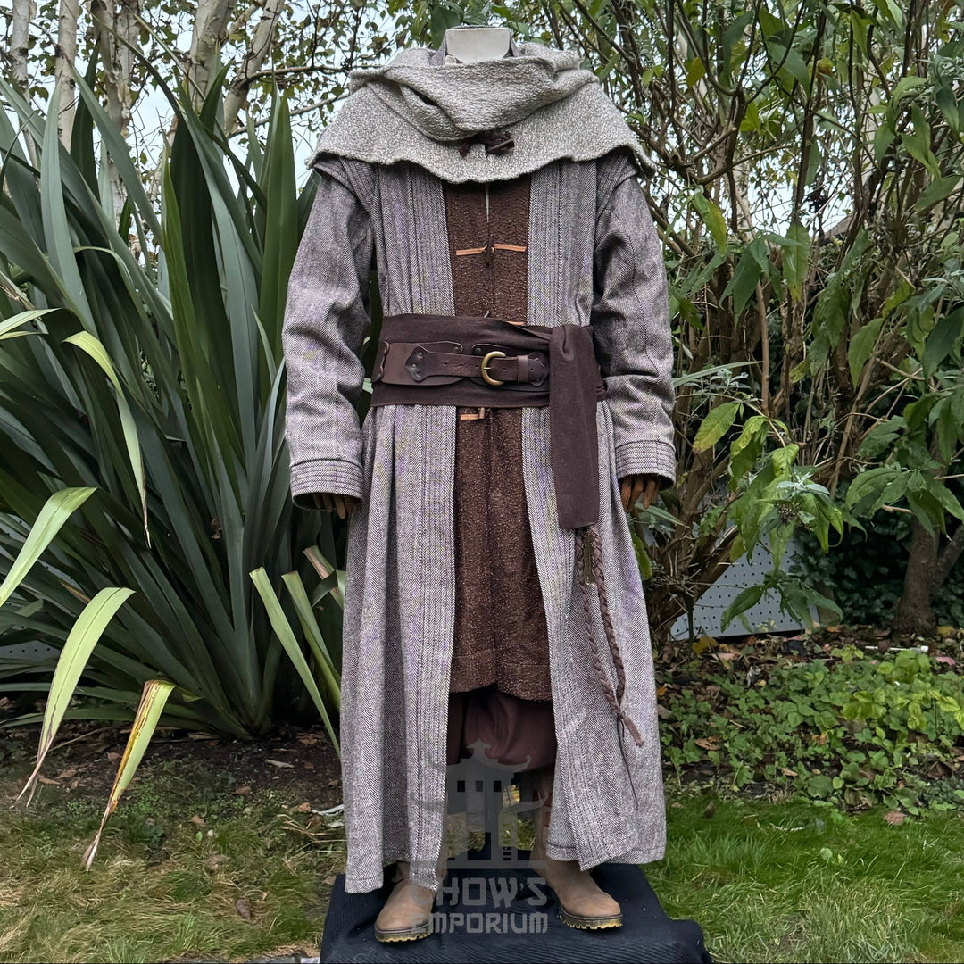 Medieval LARP costume garden view, grey robe, layered with brown tunic and belt.