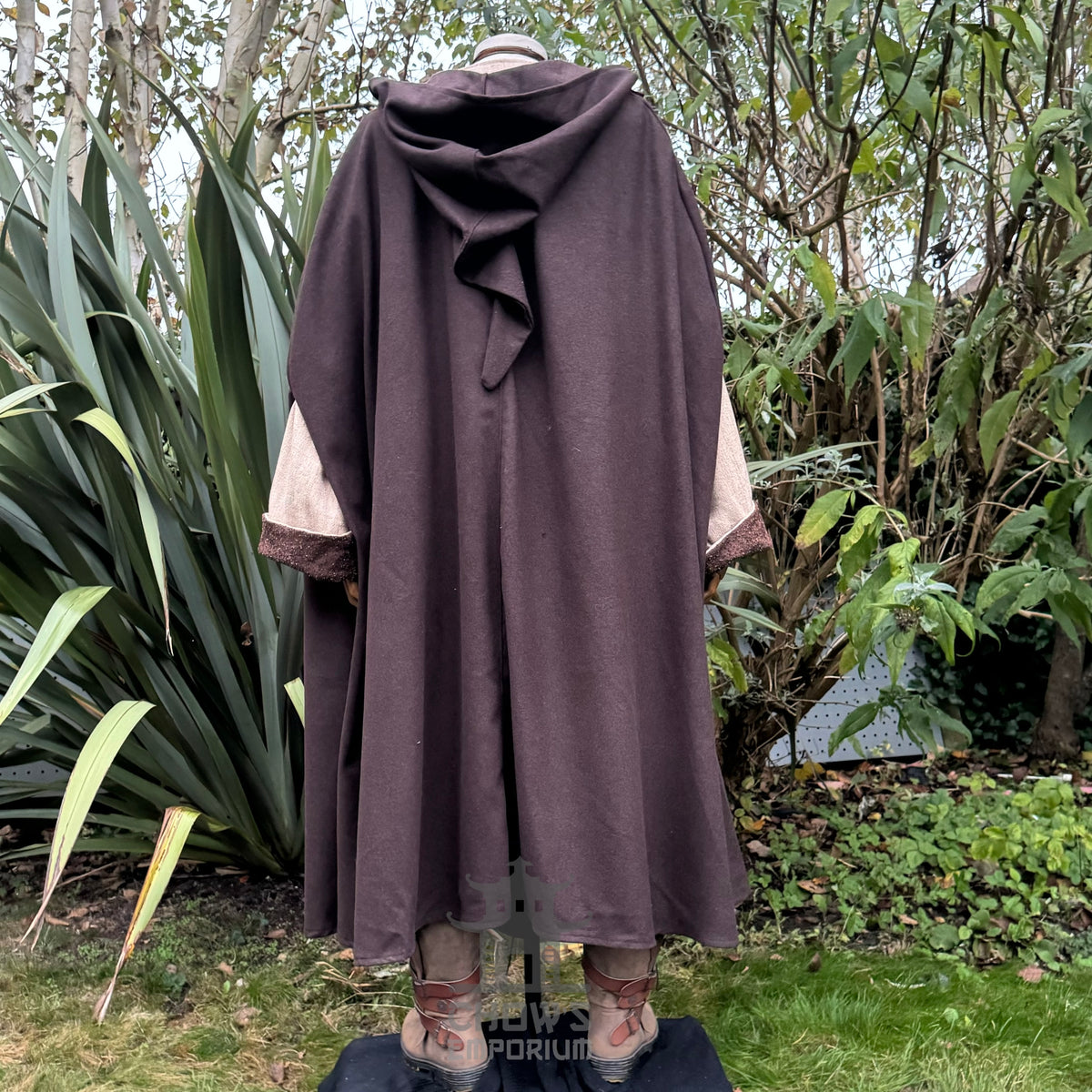 Rear view of brown LARP cloak with hood.