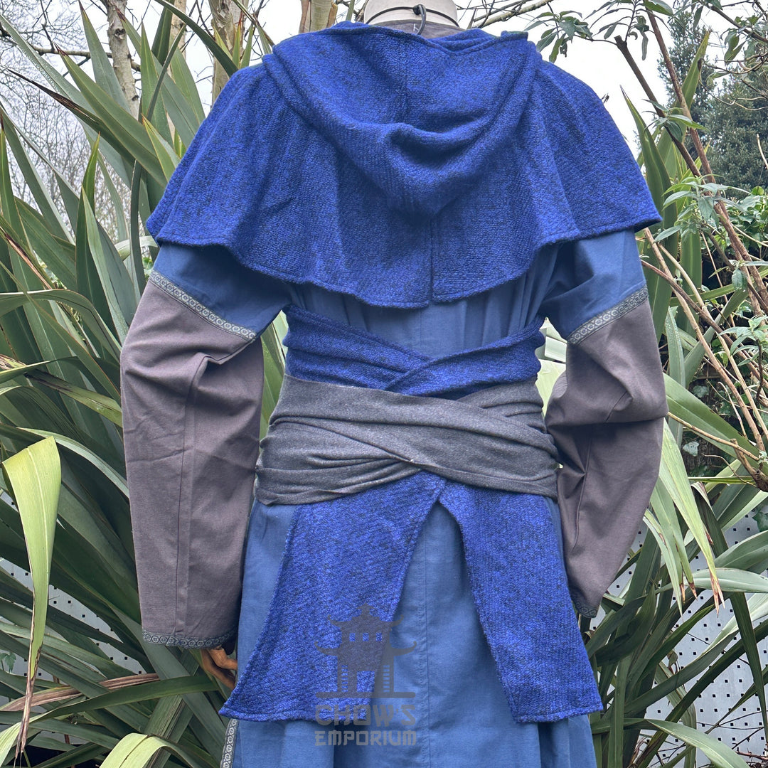 Blue wool scarf hood for medieval LARP, shown from the back.
