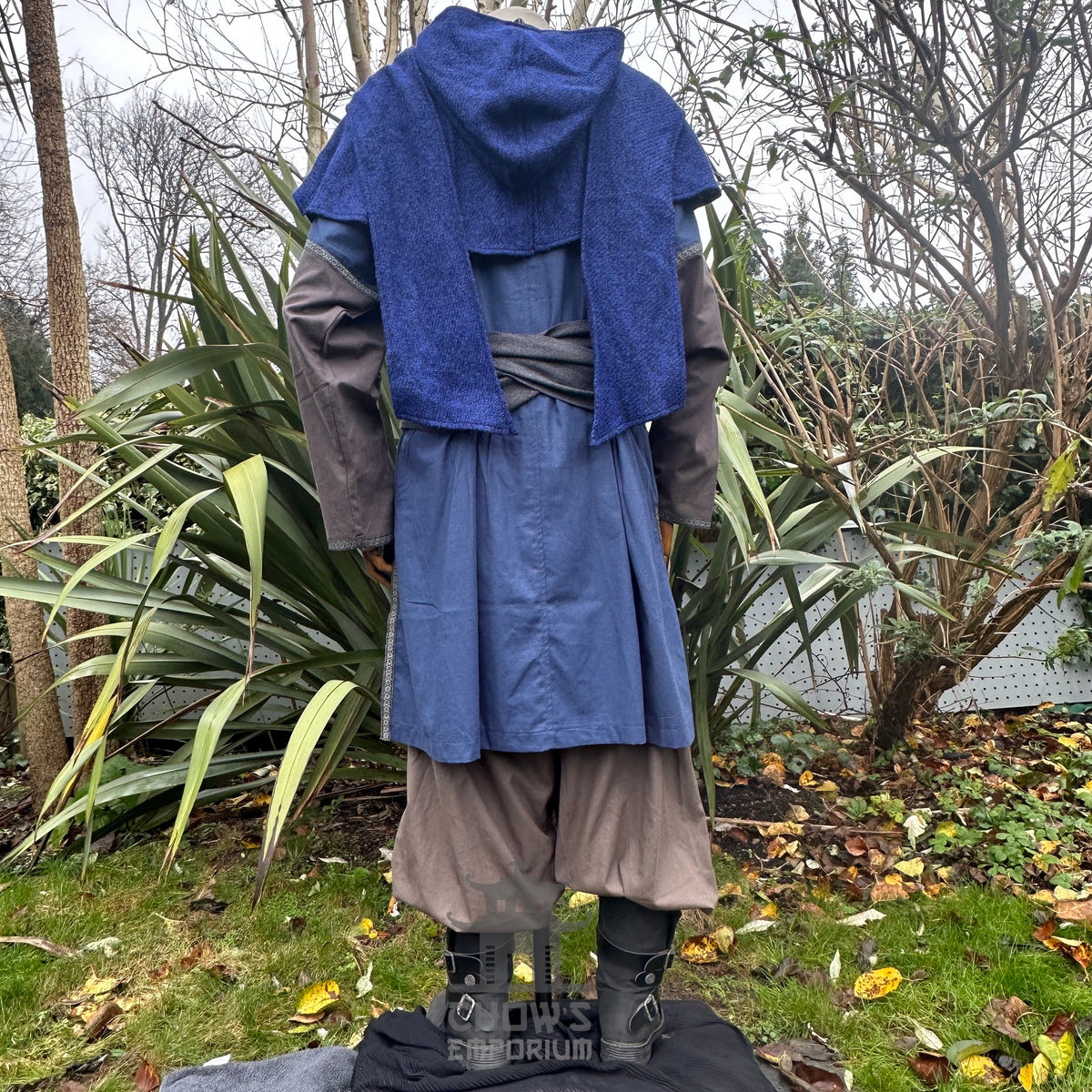 Blue wool scarf hood draped over back, perfect for medieval LARP events.
