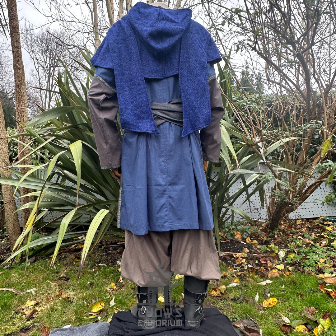 Blue wool scarf hood draped over back, perfect for medieval LARP events.
