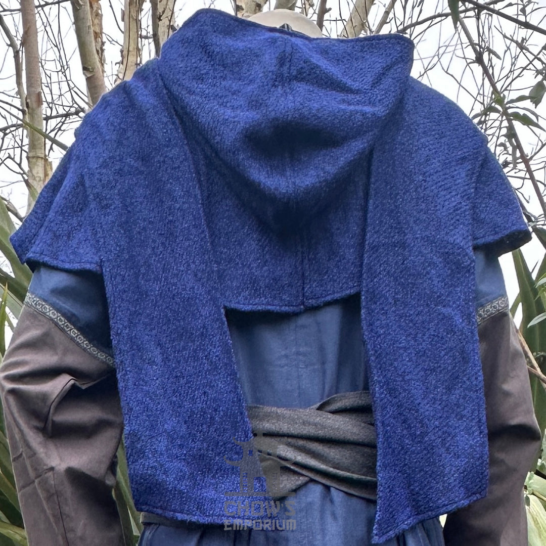 Blue wool scarf hood, medieval style, back view for LARP.