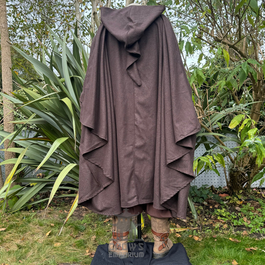 Brown wool medieval cloak with hood, outdoor LARP scene, back view.