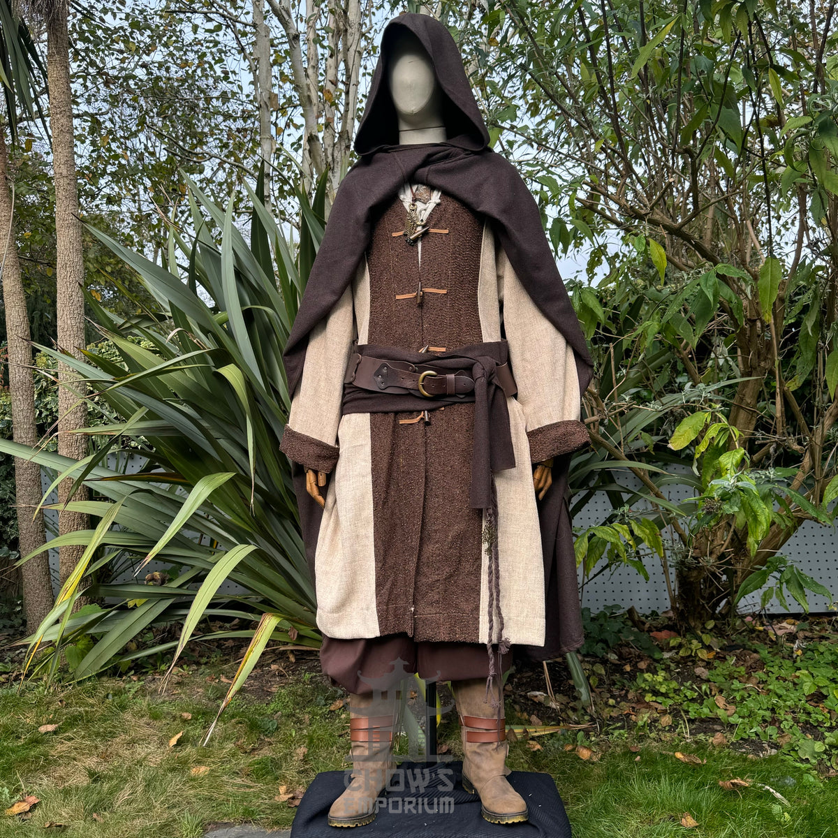 Medieval LARP outfit front view, featuring a brown hooded cloak, two-tone robe, and sash.