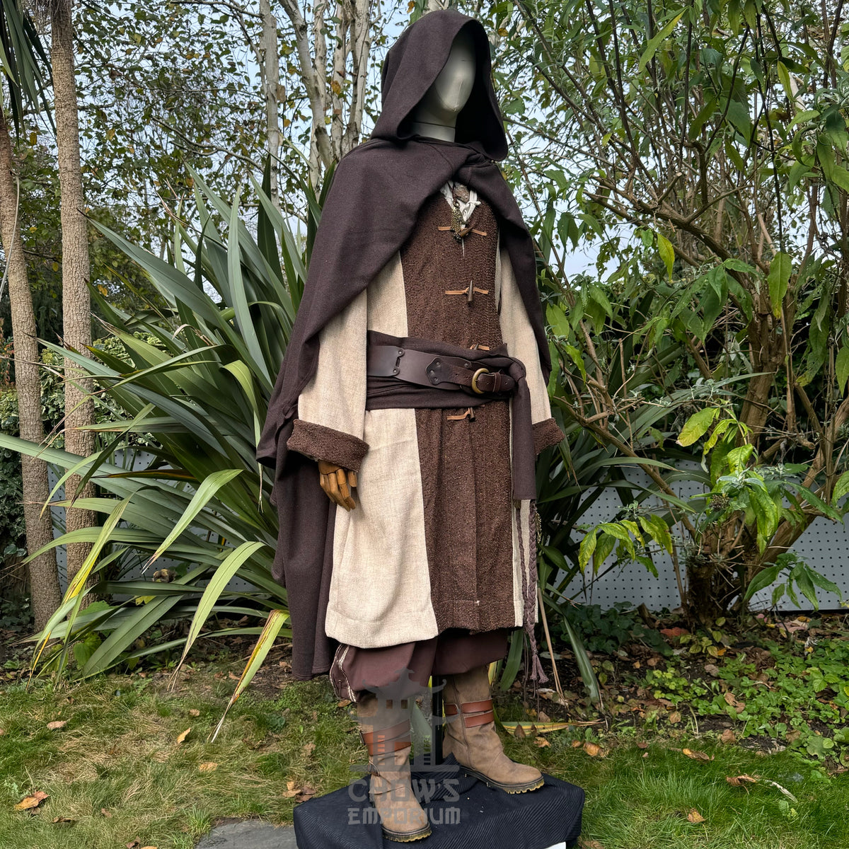 Medieval LARP attire front view, featuring brown cloak and detailed belt.
