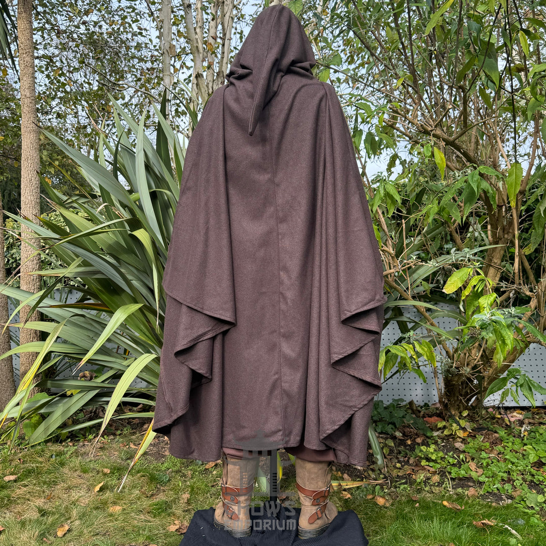 Medieval LARP outfit back view, featuring a brown hooded cloak, two-tone robe, and sash.