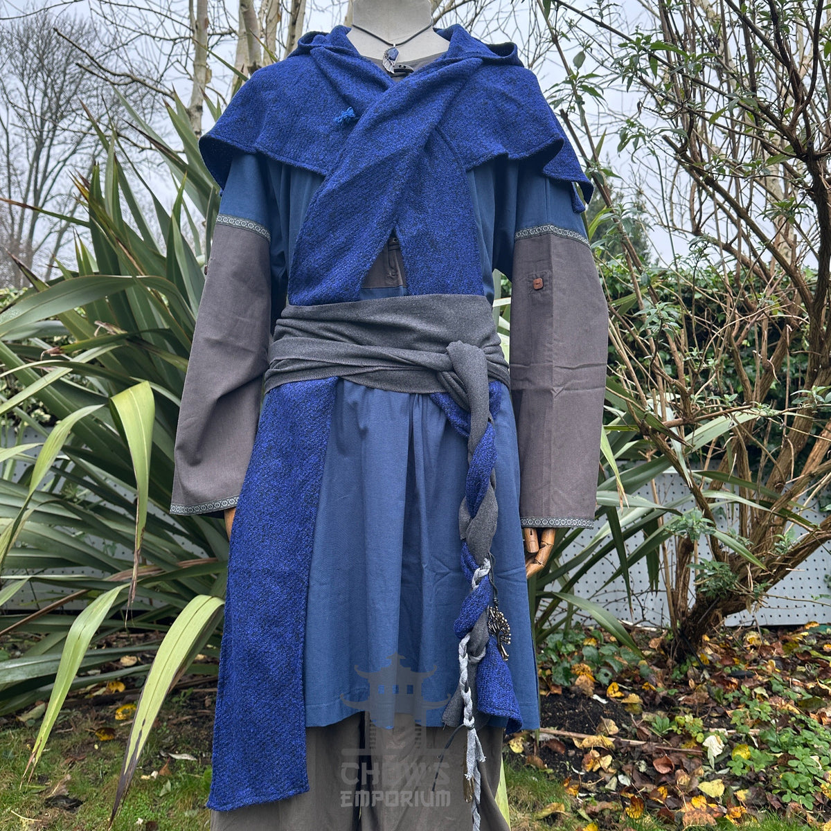 Blue wool scarf hood in medieval style, front view.