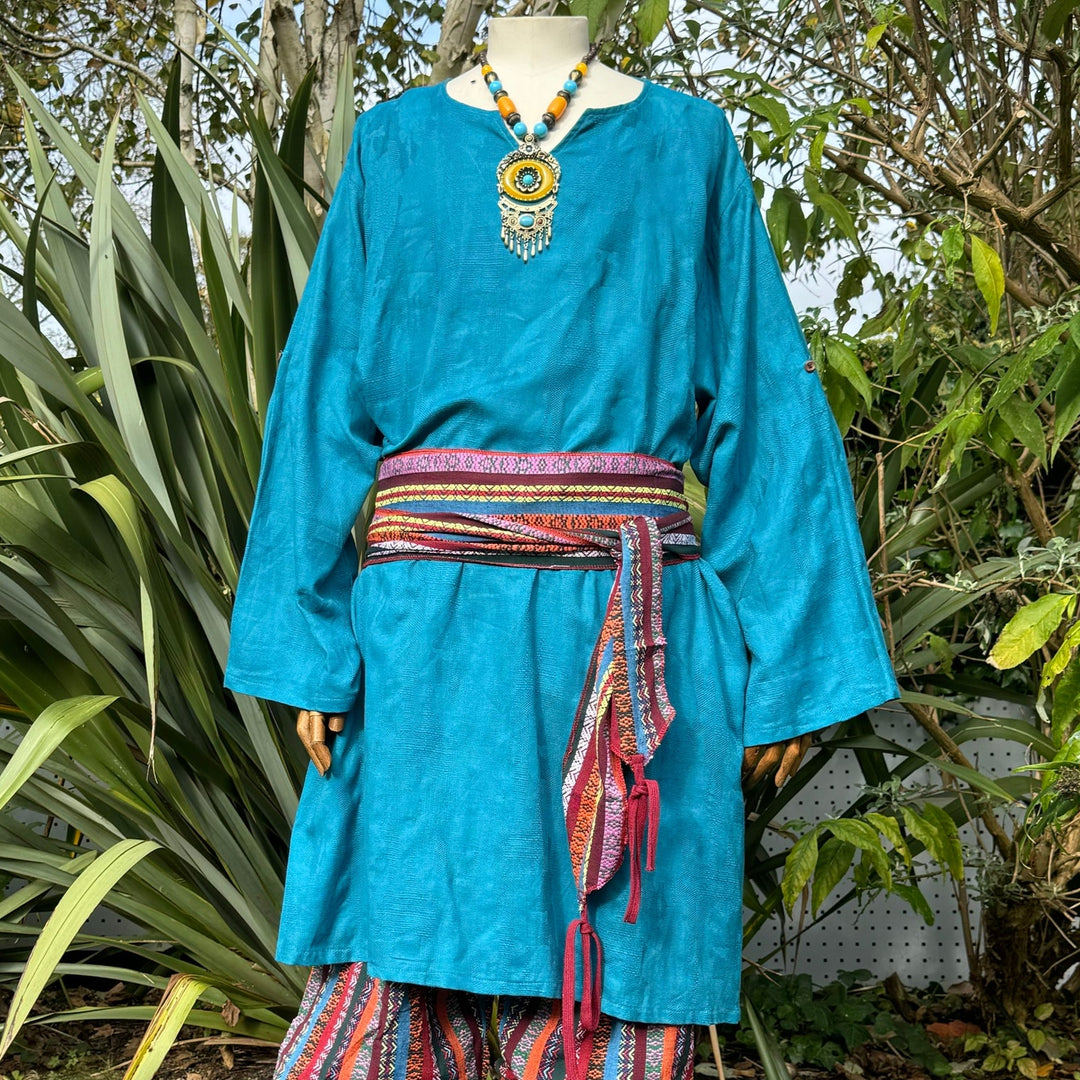 Teal textured tunic for LARP, shown from the front with long sleeves.