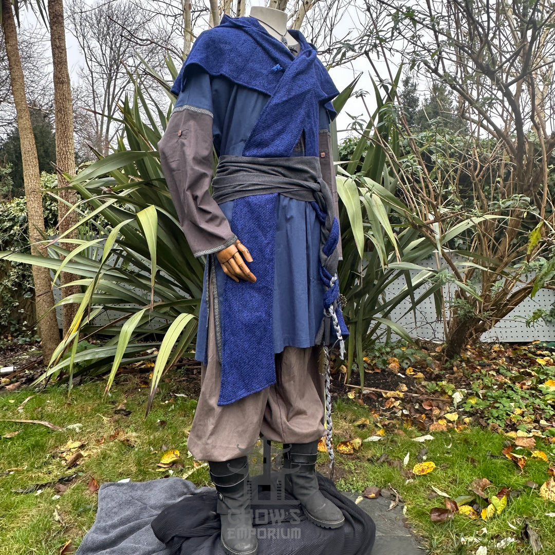 Blue wool scarf hood on mannequin, side view, ideal for medieval LARP.