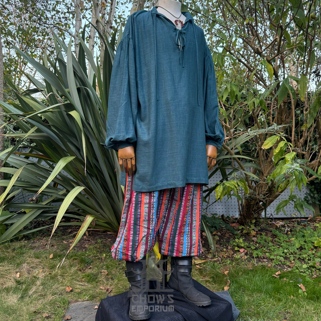 Teal medieval LARP shirt in cotton-linen, front view with long sleeves.