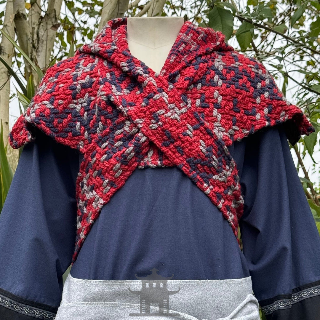 Red tricolour wool scarf hood, medieval LARP style, front view.