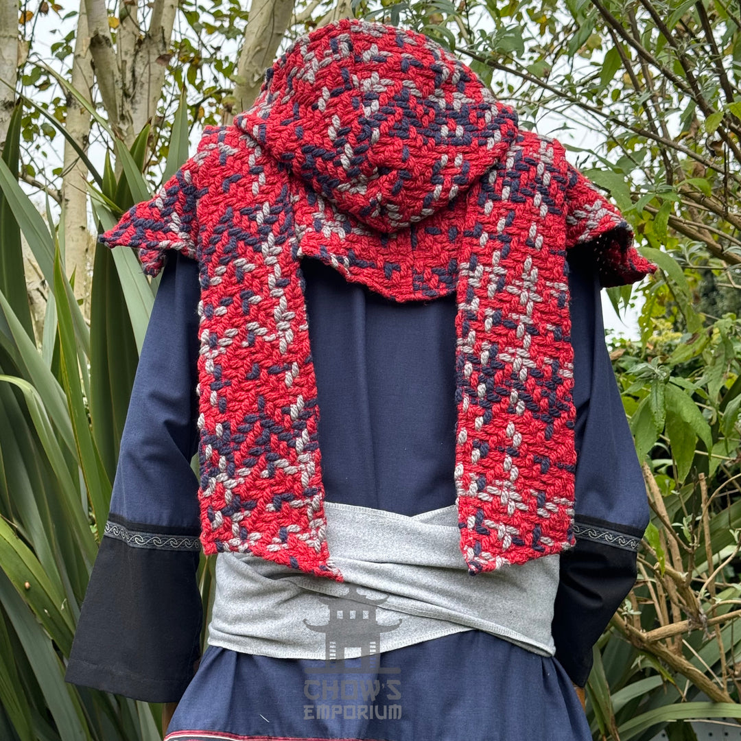 Red tricolour wool scarf hood, back view for LARP.