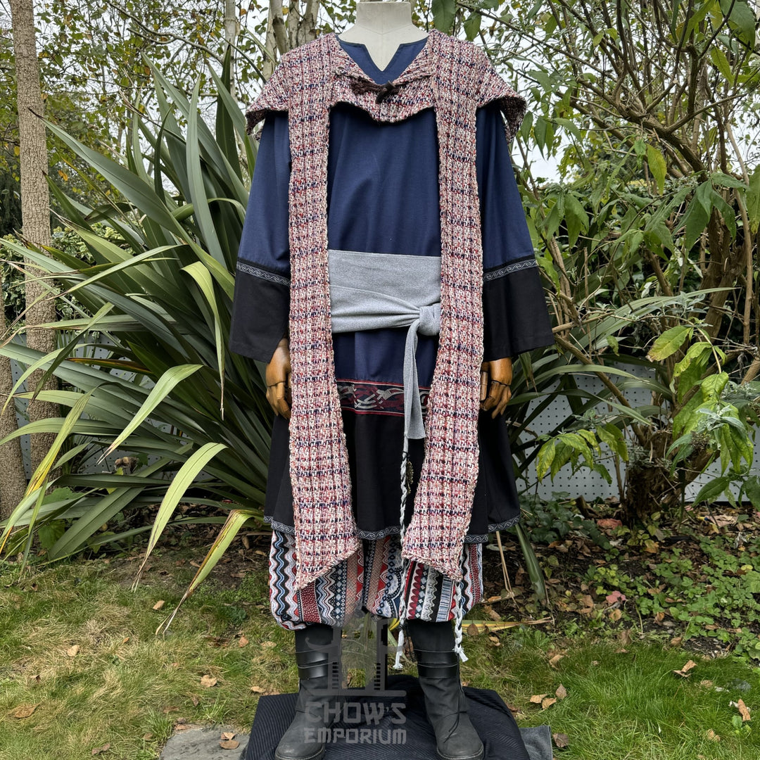 Blue tunic, red hood, grey sash, patterned pants for LARP medieval outfit.