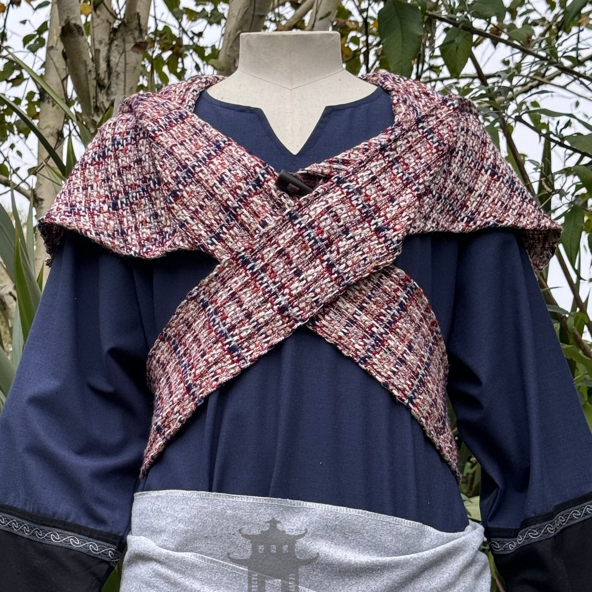 Tricolour wool scarf hood draped over shoulders for LARP.