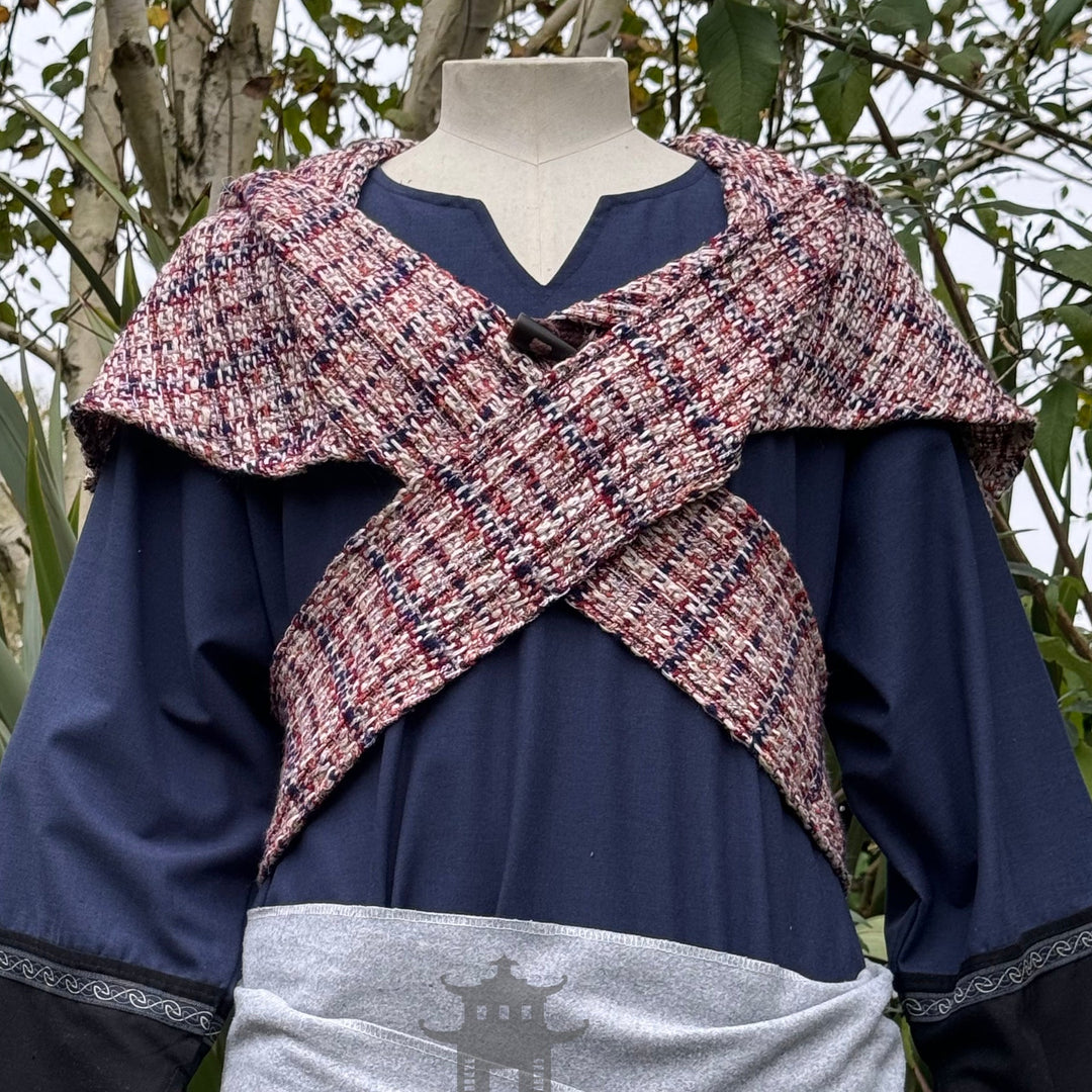 Tricolour wool scarf hood draped over shoulders for LARP.