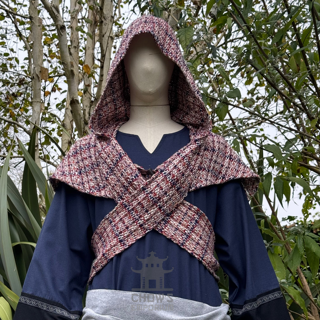 LARP medieval tricolour wool scarf hood on mannequin.