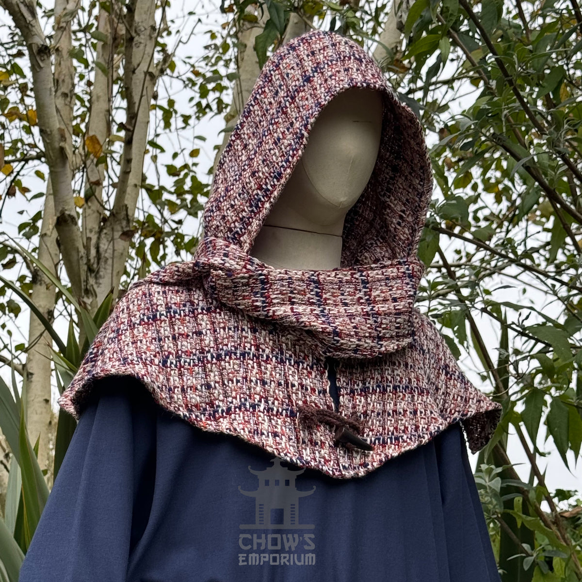Tunic and hood with red and blue tweed pattern, suitable for LARP or medieval use.