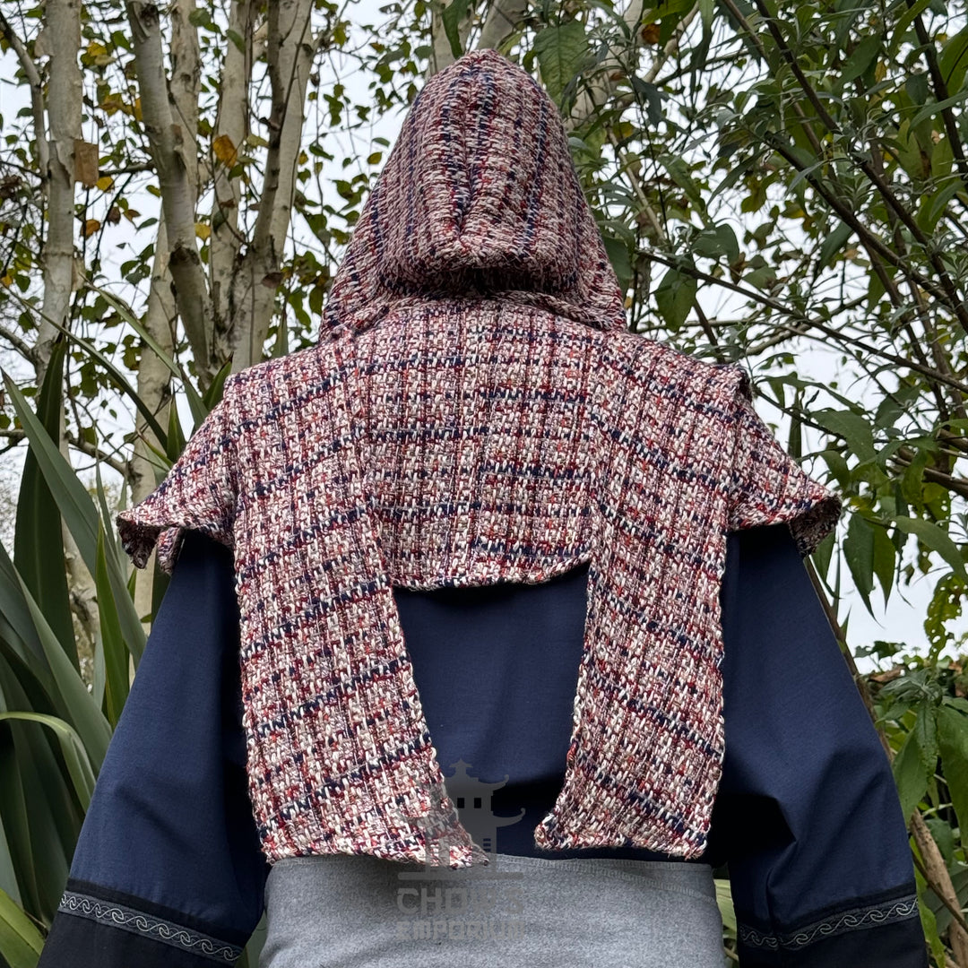 Back view of medieval LARP set, hooded, textured tunic with blue sleeves.