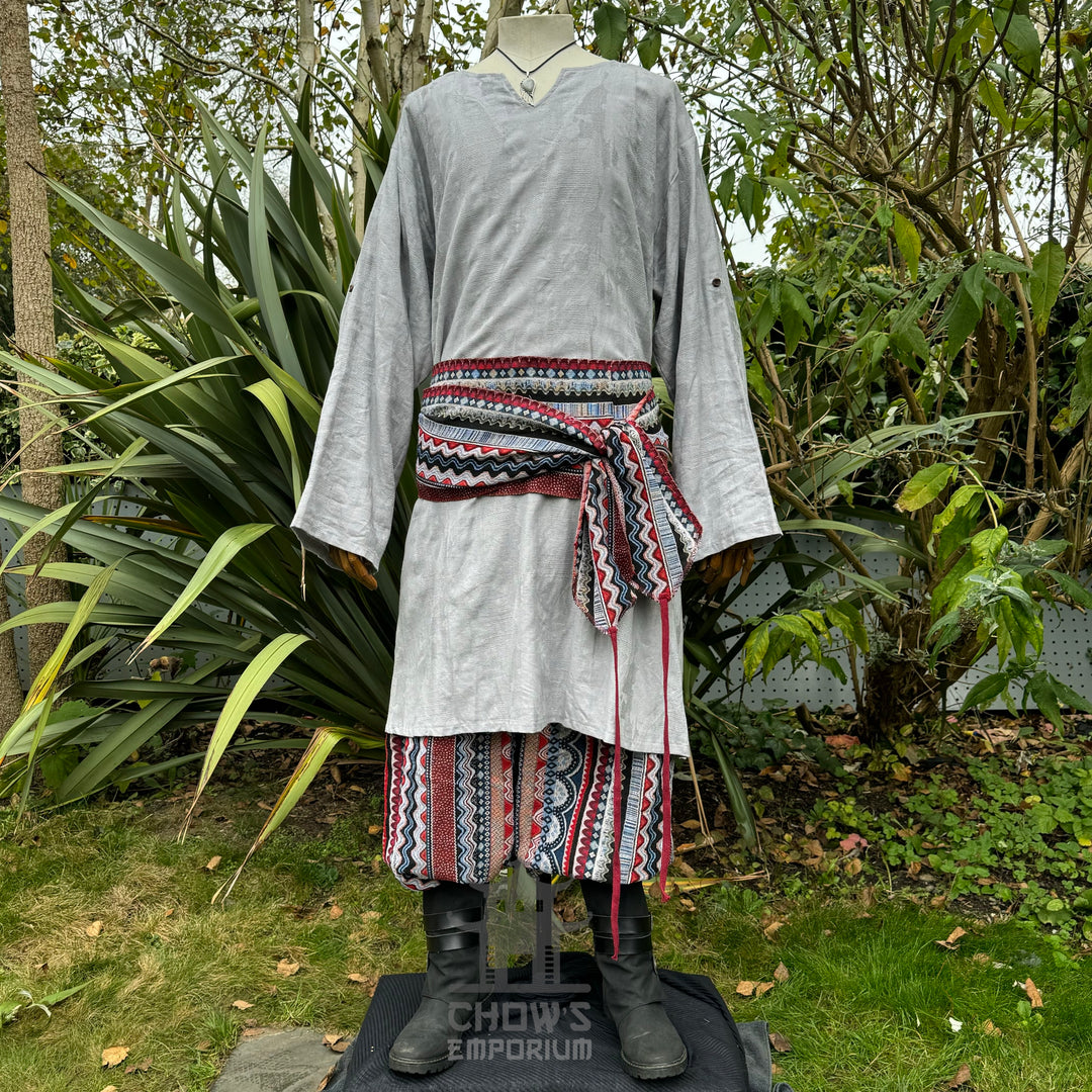 Light grey tunic, trousers, patterned sash, front view, medieval LARP outfit.
