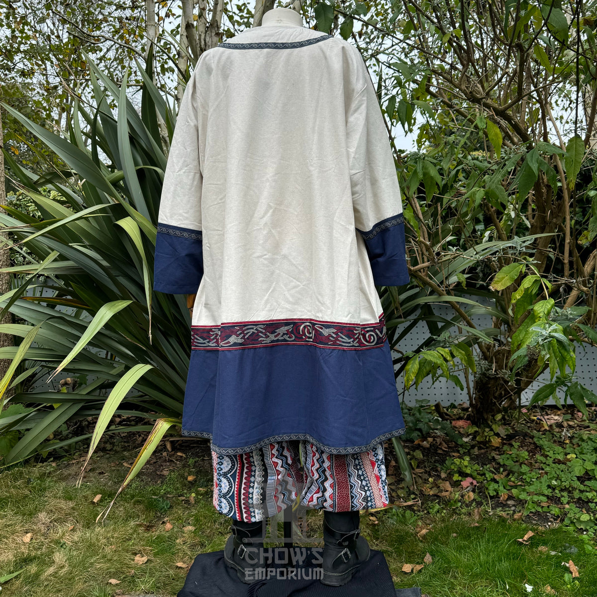 LARP white and blue tunic with embroidered trim, rear view.