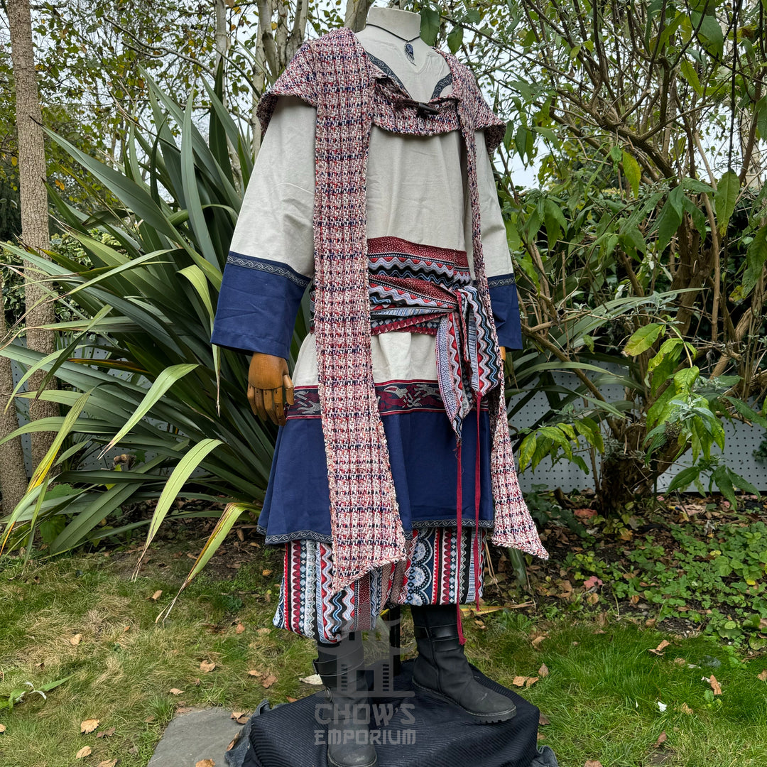 Champion archer medieval set with tunic, hood, pants, blue, red patterns.